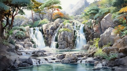 Wall Mural - Cascading waterfalls tumble down rocky precipices. Their crystalline torrents cascading into hidden pools of tranquil beauty. Watercolor Painting. Generative AI