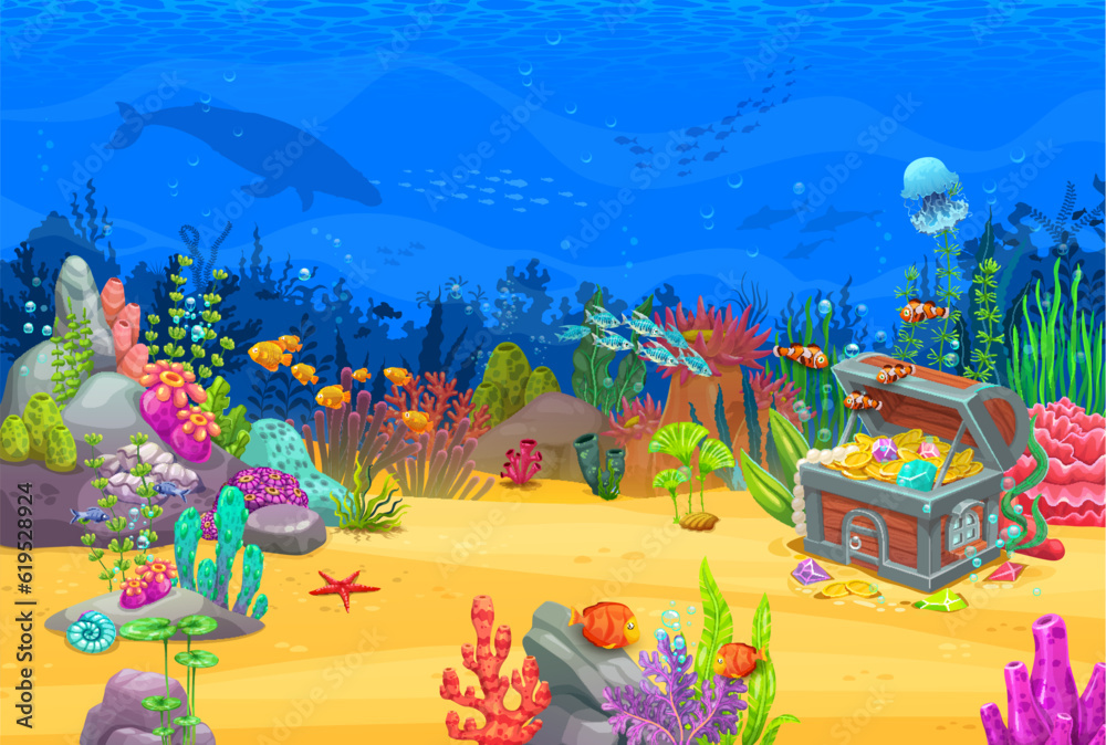 Cartoon game level underwater landscape with treasure chest, coral ...