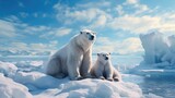 Two Polar bears relaxed on drifting ice with snow, Two animals playing in snow.