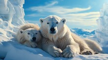 Two Polar Bears Relaxed On Drifting Ice With Snow, Two Animals Playing In Snow.