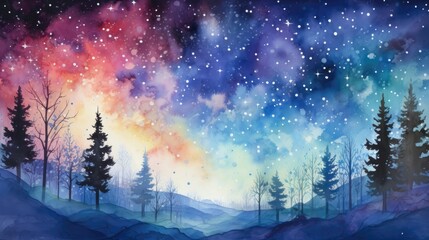 Wall Mural - Celestial phenomena ignite the night sky. Where a kaleidoscope of shooting stars and the luminous dance of the auroras paint the darkness with cosmic wonder. Watercolor Painting. Generative AI