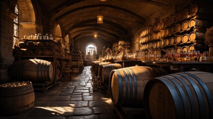 Wine barrels in wine vaults, Wine or whiskey barrels, French wooden barrels.