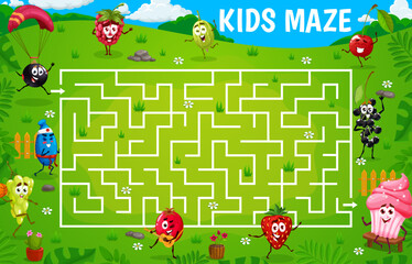 Aufkleber - Labyrinth maze game. Cartoon berry characters on summer party. Search way educational riddle or maze quiz. Kids game vector worksheet with strawberry, gooseberry, blackcurrant and honeysuckle, cherry
