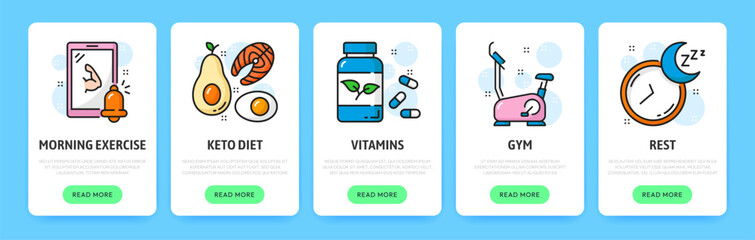 Mobile app onboarding screen, keto diet, fitness, vitamins, gym and rest, vector application templates. Healthcare onboarding screen with line icons of gym exercises, diet and healthy eating plan