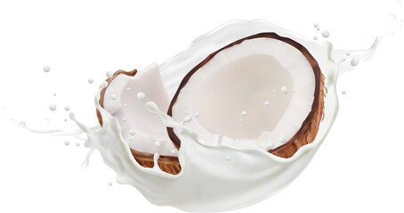 Realistic coconut milk drink and splash with splatters evoking a sense of tropical delight and indulgence. Isolated 3d vector coco nut halves with fresh white liquid flow captured mid-air in motion