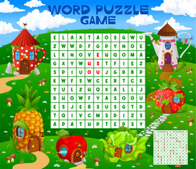 Aufkleber - Word search puzzle game with cartoon fairytale houses village, vector worksheet grid. Kids word search quiz game with fairy or gnome dwellings in mug or watering can, cabbage, apple and strawberry