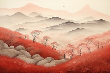 Wall Mural - Traditional Chinese painting. Red landscape. Painting of hills, trees on textured paper. AI