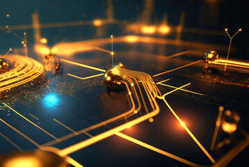 Aufkleber - Abstract science and technology background with shiny connection elements and sci-fi intefrace. Tech abstraction wallpaper. Generated AI.