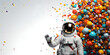 Holiday banner with a happy astronaut and balloons on a white background with space for text, astronaut congratulates, copy space, generated ai