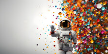 Holiday Banner With A Cheerful Astronaut And Colorful Ball On A White Background With Space For Text, Astronaut Congratulates, Copy Space, Generated Ai
