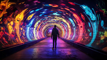 A Graffiti - Infused Pedestrian Tunnel, An Explosion Of Colors In The Dim Light, With A Lone Musician Playing Soulful Tunes. Low Light, Echo Of The Music, Urban Solitude