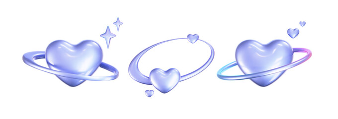 3d holographic hearts in y2k style set isolated on a white background. render of 3d iridescent chrom