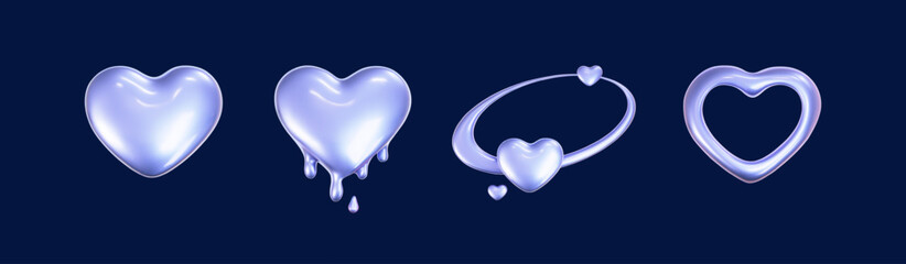 Wall Mural - 3d holographic hearts in y2k style set isolated on a dark background. Render of 3d iridescent chrome hearts with galaxy planet, stars, melting and rainbow gradient effect. 3d vector y2k illustration.