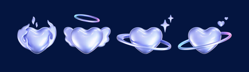 Wall Mural - 3d holographic hearts in y2k style isolated on dark background. render of 3d iridescent chrome heart