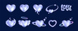 3d holographic hearts in y2k style isolated on dark background. Render 3d iridescent chrome hearts with galaxy planet, stars, fire flame, angel wings, melting, love text. 3d vector y2k illustration.