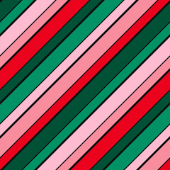 Wall Mural - Simple diagonal stripes vector seamless pattern. Funky texture in trendy summer colors, green, pink, red. Abstract striped background with parallel slanted lines. Repeat geo design for decor, wrapping