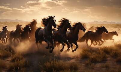 Wall Mural -  a herd of horses running across a dry grass covered field.  generative ai