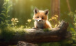  a red fox sitting on a log in a green forest.  generative ai