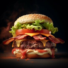 A Cheeseburger With Bacon Lettuce And Tomato A 3d