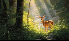  A Painting Of A Deer In A Forest With Sunlight Streaming Through The Trees.  Generative Ai