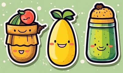 Sticker -  three cartoon fruits with faces on each of them, one of which is a banana, one of which is a pineapple, and one of which is a pear.  generative ai