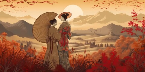 Man and woman, beautiful japanese landscape, sunset. Traditional japanese painting.