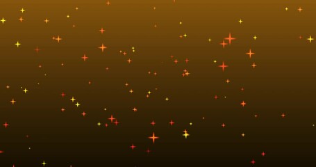 Wall Mural - Randomly flying in the air yellow sparkling particles in the form of stars on a yellow background. Abstract animation.