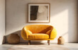 Vibrant yellow velvet loveseat sofa against beige stucco wall with art poster frame. Rustic interior design of modern living room. Created with generative AI