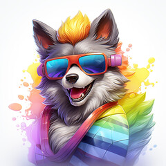 colorful cartoon character wolf wearing sunglasses and headphones