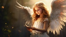 Cute Child Angel With White Wings Holding A Book And Smiling. Innocence And Peace. Generative AI Illustration.