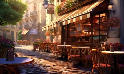 Poster -  a painting of a street with tables and chairs and a cafe.  generative ai