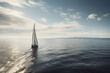 A picture of a sailboat on the horizon set against a backdrop of clear skies and calm waters.