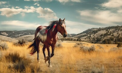  a horse running in a field with mountains in the background.  generative ai