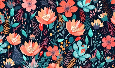 Poster -  a colorful floral pattern on a black background with red, orange, and blue flowers.  generative ai