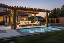 Photo Of A Luxurious Backyard Oasis With A Sparkling Pool And Comfortable Patio Furniture