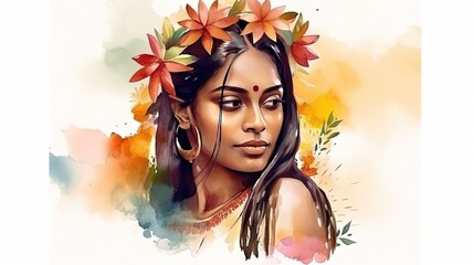 Beautiful young indian woman with flowers in her hair in traditional wear.