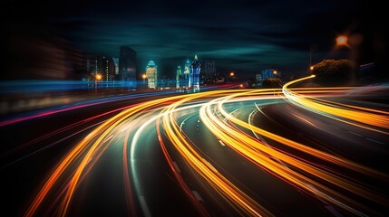 Wall Mural - Road with light trails of passing vehicles. Motion speed light in city. Dynamic background. Town at night with speed traffic. Generative AI. Illustration for banner, poster, cover or presentation.