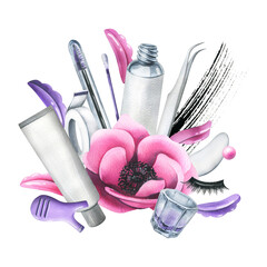 tools and cosmetics for eyelash lamination with brushes, silicone rollers, anemone flower and stroke