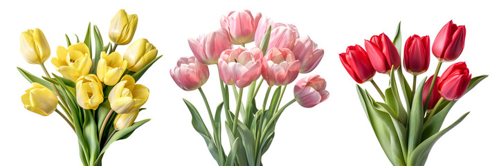 A collection of fresh natural pink, yellow, and red tulip flowers bouquet set. Generative AI