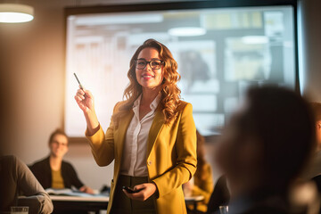 Illustration of a woman presenting in front of an audience in a business setting created with Generative AI technology