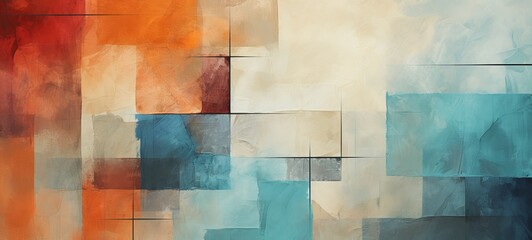 Aufkleber - Closeup of abstract rough colorful blue orange multicolored art painting texture, with oil brushstroke, pallet knife paint, with square overlapping paper layers, complementary colors (Generative Ai)