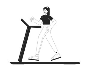 Poster - Girl run on treadmill flat line black white vector character. Editable outline full body sportswoman. Sport in gym simple cartoon isolated spot illustration for web graphic design