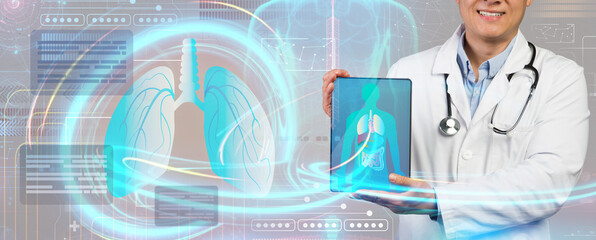 Aufkleber - Unrecognizable doctor showing digital tablet screen, study patient health data