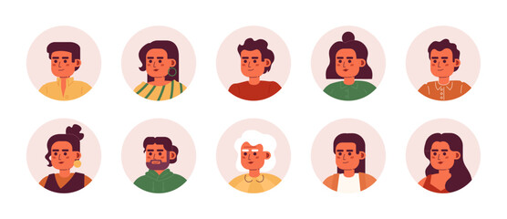 Poster - Happy hispanic people semi flat colour vector character heads pack. Young adult people. Colorful avatar icons. Editable cartoon style emotions. Simple spot illustration bundle for web graphic design