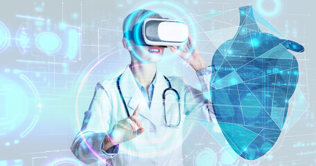 Poster - Short-haired woman doctor touching hologram of heart, using VR headset