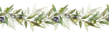 Olive Branches, Leaves And Fruits. Seamless Border Of Branches Olive Tree. Watercolor Hand Drawn Illustration. For Menu, Packaging Design, Wedding Invitation, Save The Date Or Greeting Card.