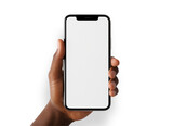Fototapeta Kosmos - Hand einer afroamerikanischen Person hält ein Smartphone vor transparentem Hintergrund, generative KI