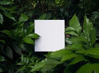 empty white poster with green leaves around it