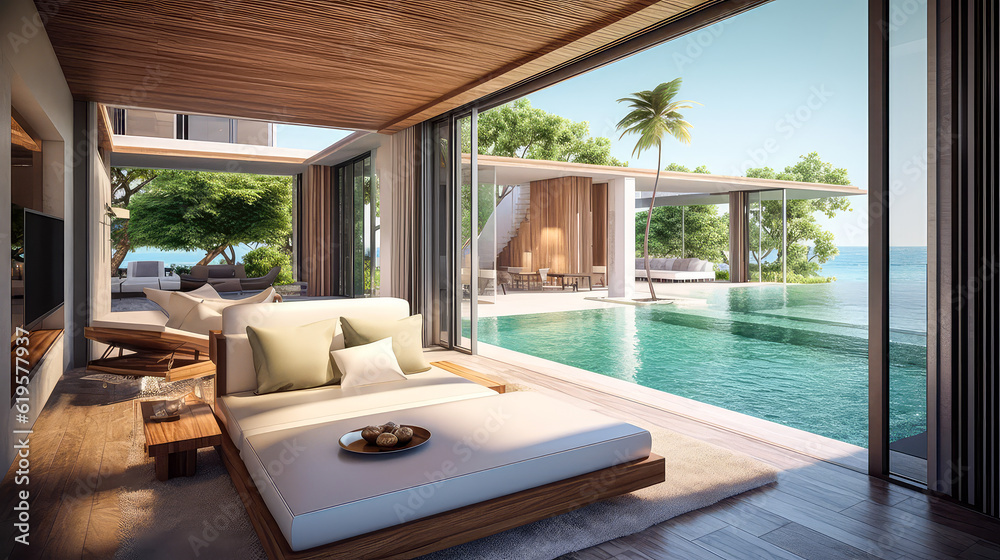 3D render, Modern Interior and pool villa Concept: Embracing the ...