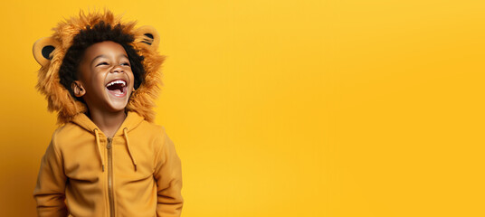 Wall Mural - Cute Young Boy Dressed as a Lion  for Halloween on an Yellow Banner with Space for Copy